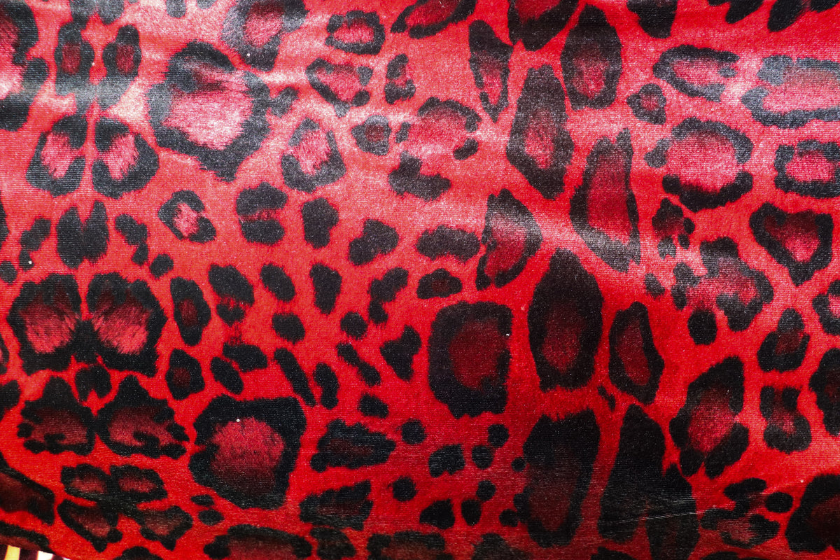 Red Leopard Velvet Fabric Black Animal Spots