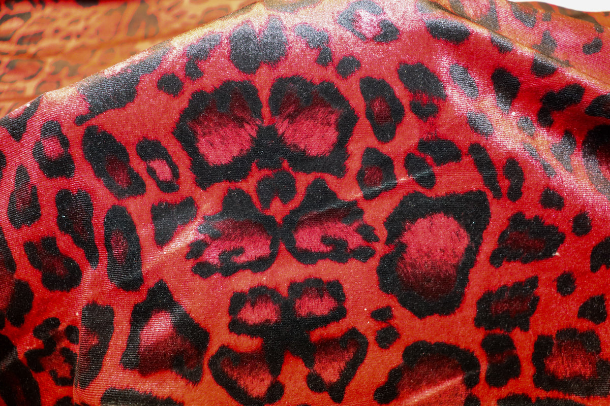 Red Leopard Velvet Fabric Black Animal Spots