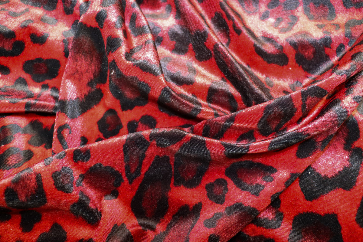 Red Leopard Velvet Fabric Black Animal Spots