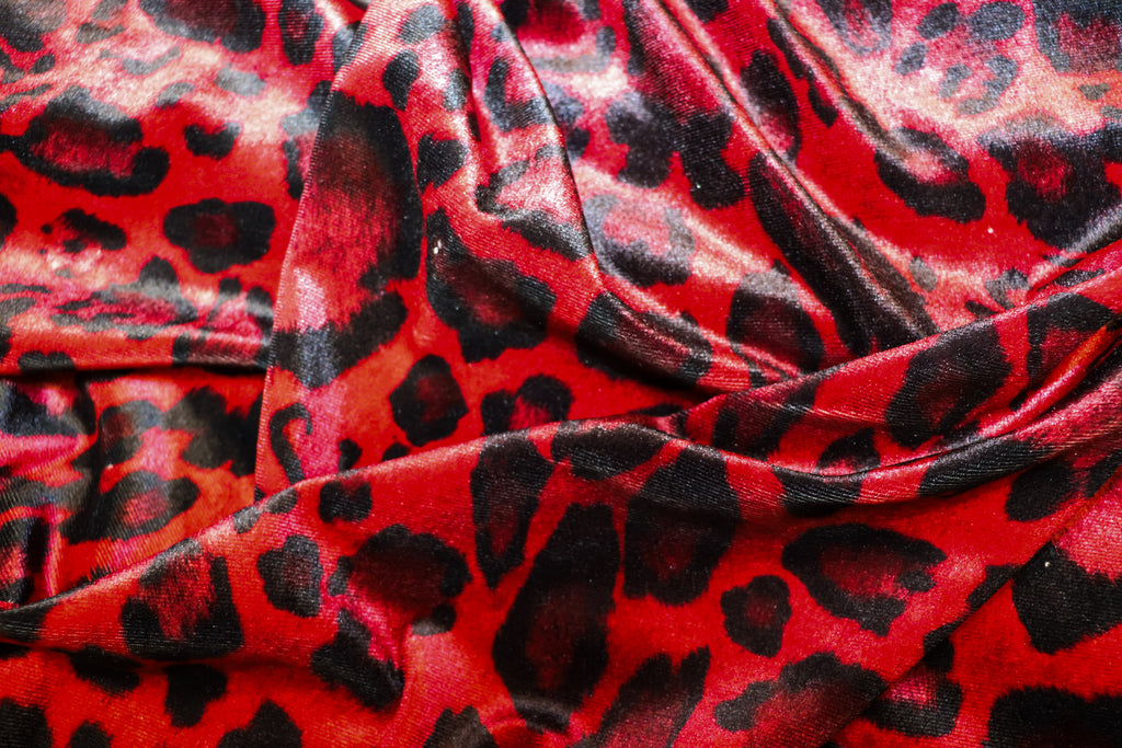 Red Leopard Velvet Fabric Black Animal Spots