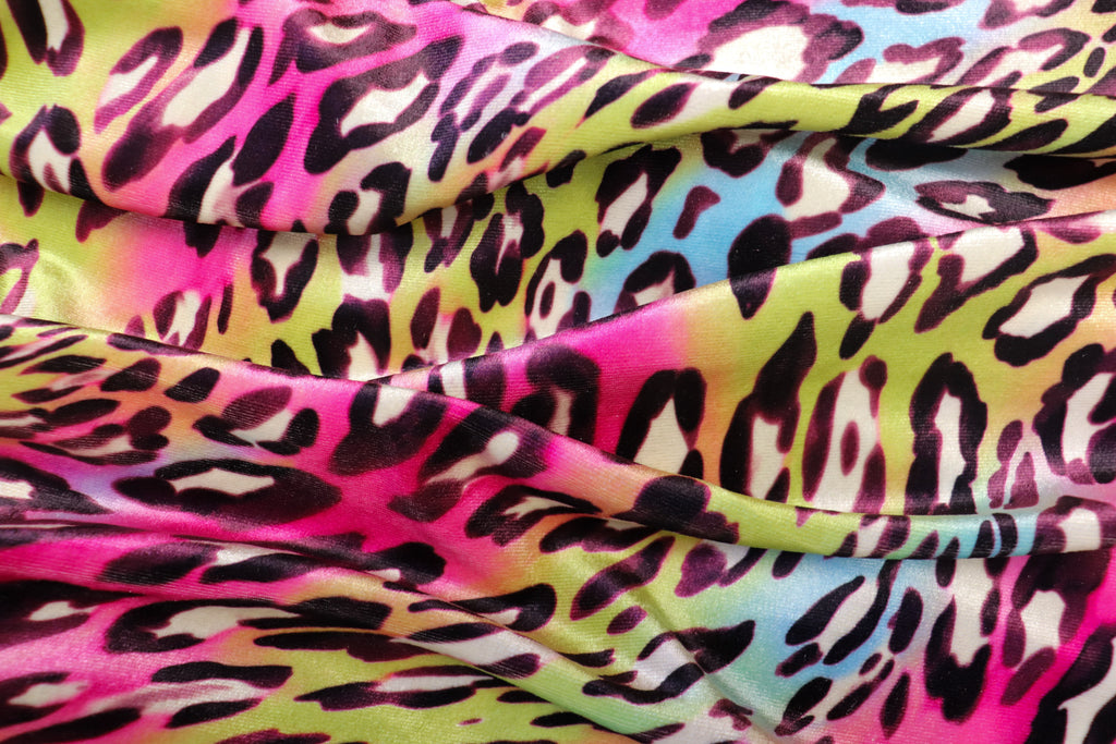 Pink Multicolour Leopard Velvet Fabric Wavy Animal Print