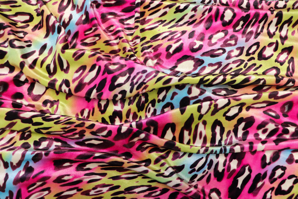 Pink Multicolour Leopard Velvet Fabric Wavy Animal Print