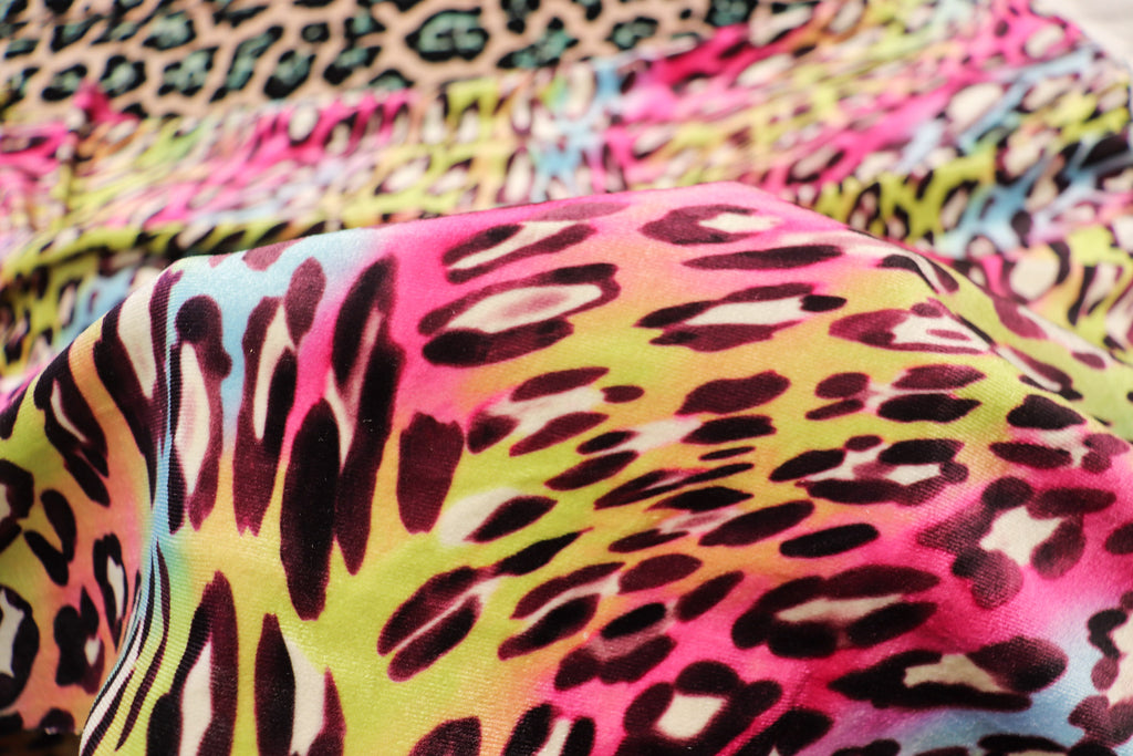 Pink Multicolour Leopard Velvet Fabric Wavy Animal Print