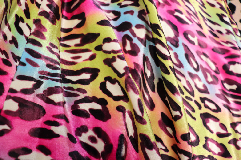 Pink Multicolour Leopard Velvet Fabric Wavy Animal Print