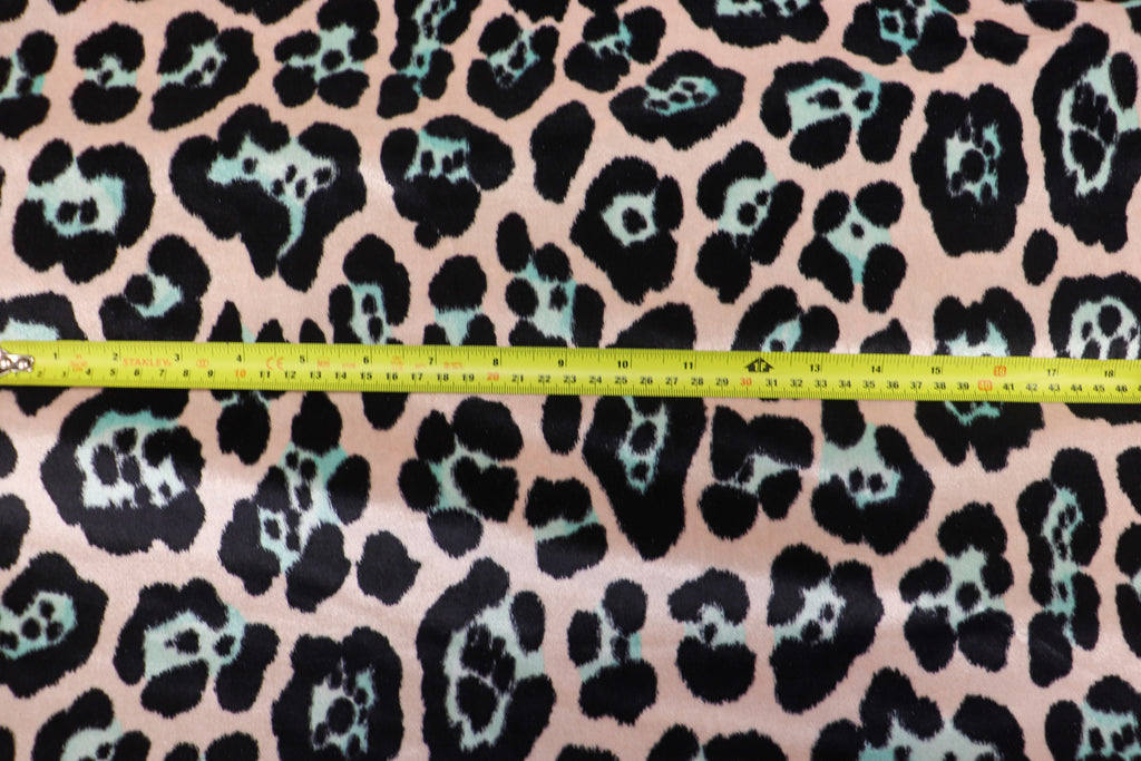 Jaguar Print Velvet Fabric Blush Pink Black Light Blue Animal Rosettes