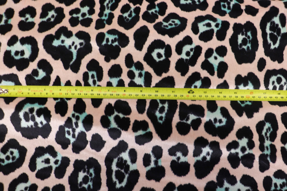 Jaguar Print Velvet Fabric Blush Pink Black Light Blue Animal Rosettes