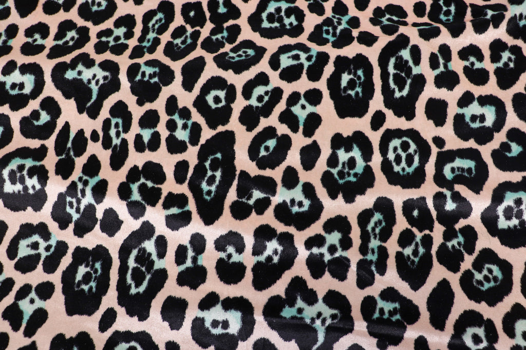 Jaguar Print Velvet Fabric Blush Pink Black Light Blue Animal Rosettes