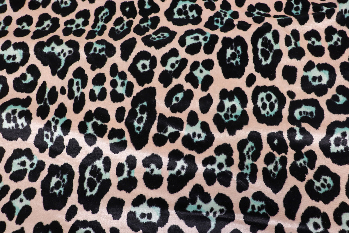 Jaguar Print Velvet Fabric Blush Pink Black Light Blue Animal Rosettes