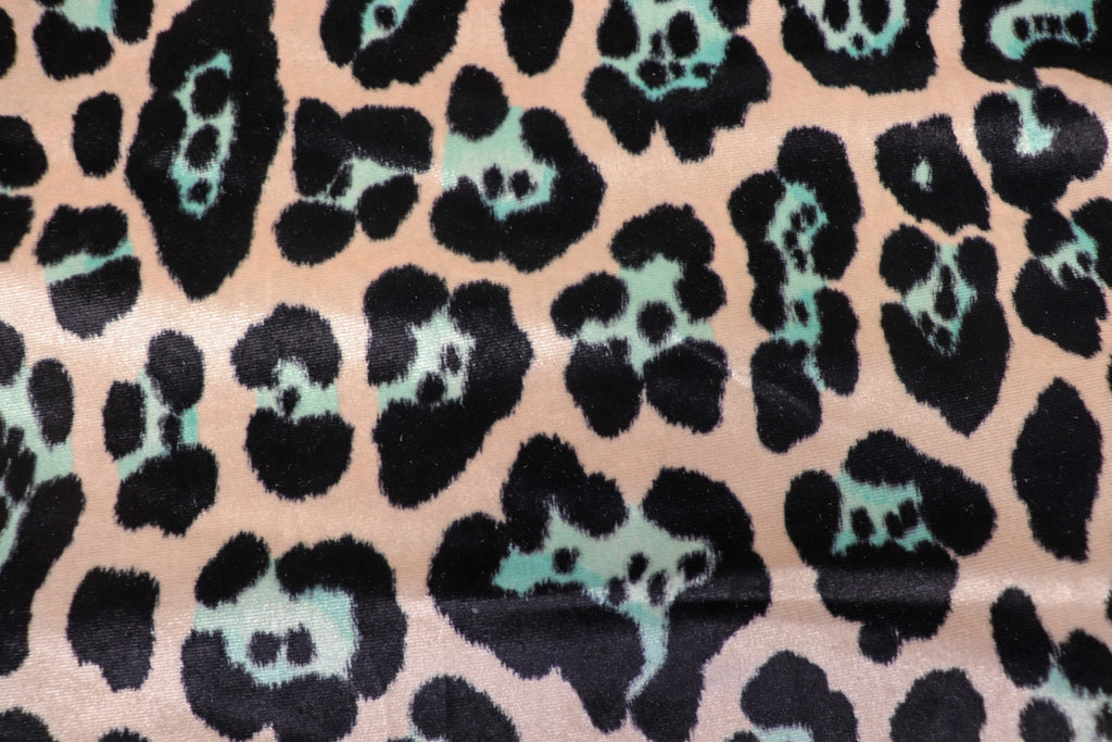 Jaguar Print Velvet Fabric Blush Pink Black Light Blue Animal Rosettes
