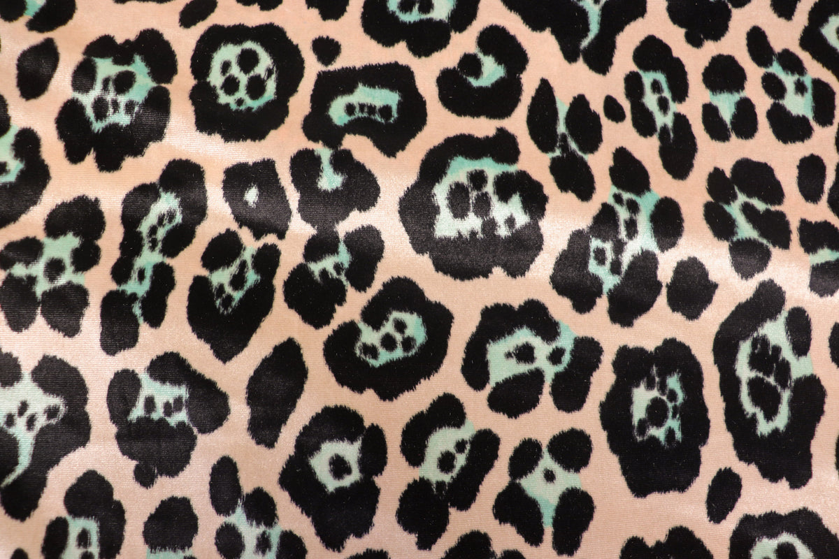 Jaguar Print Velvet Fabric Blush Pink Black Light Blue Animal Rosettes