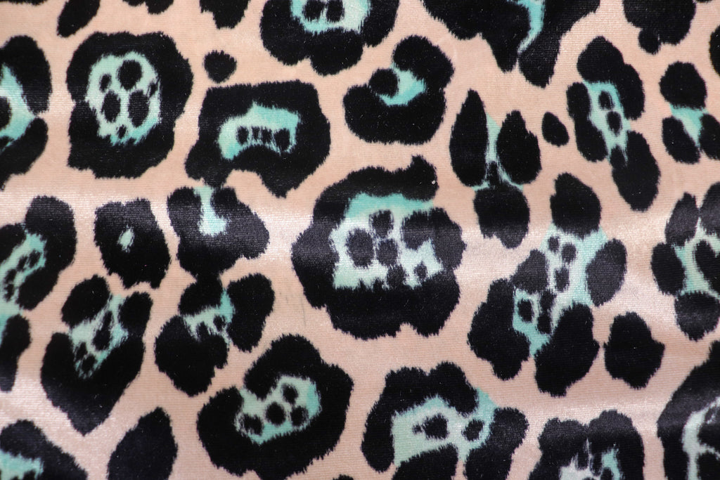 Jaguar Print Velvet Fabric Blush Pink Black Light Blue Animal Rosettes