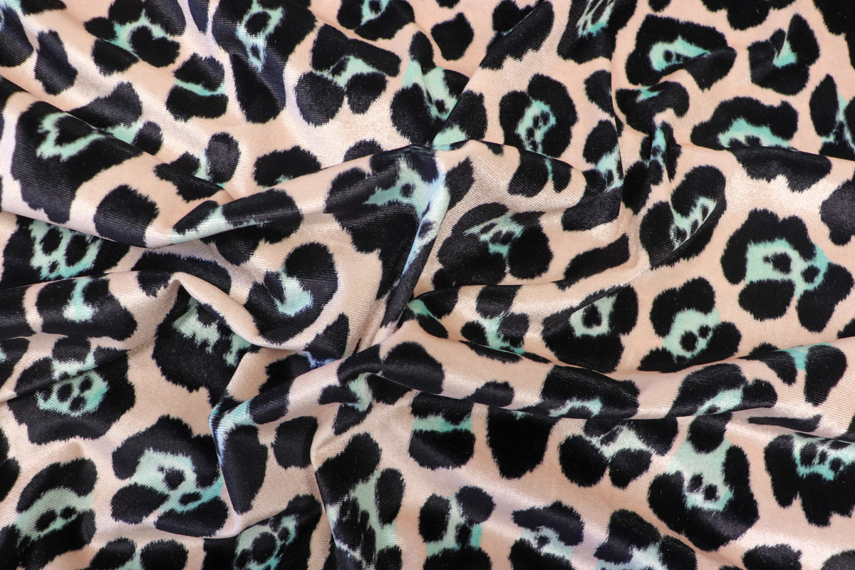 Jaguar Print Velvet Fabric Blush Pink Black Light Blue Animal Rosettes