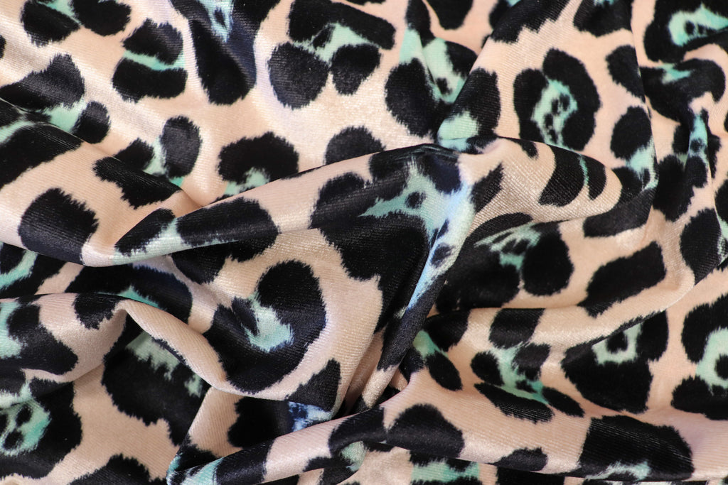 Jaguar Print Velvet Fabric Blush Pink Black Light Blue Animal Rosettes