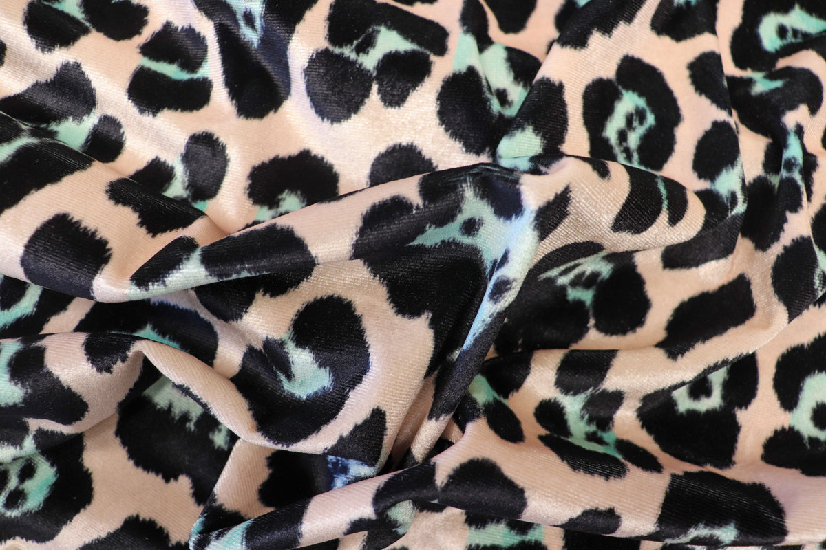 Jaguar Print Velvet Fabric Blush Pink Black Light Blue Animal Rosettes