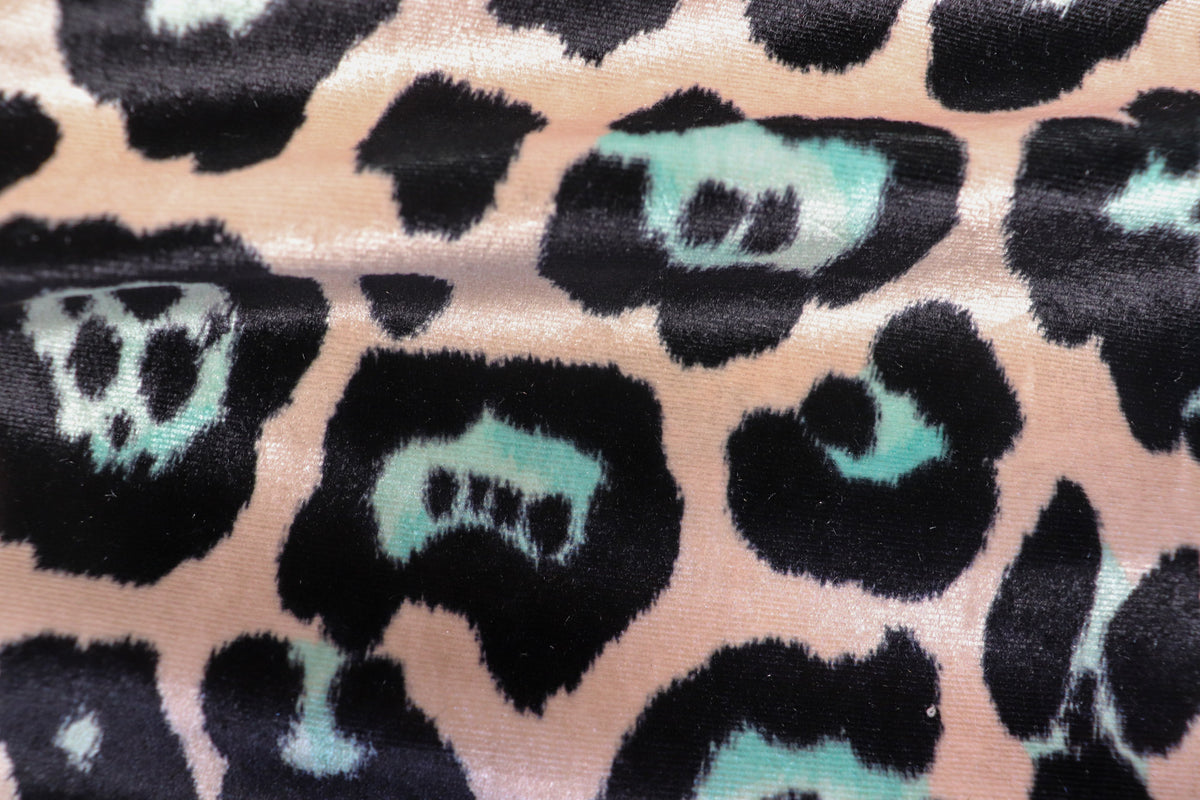 Jaguar Print Velvet Fabric Blush Pink Black Light Blue Animal Rosettes
