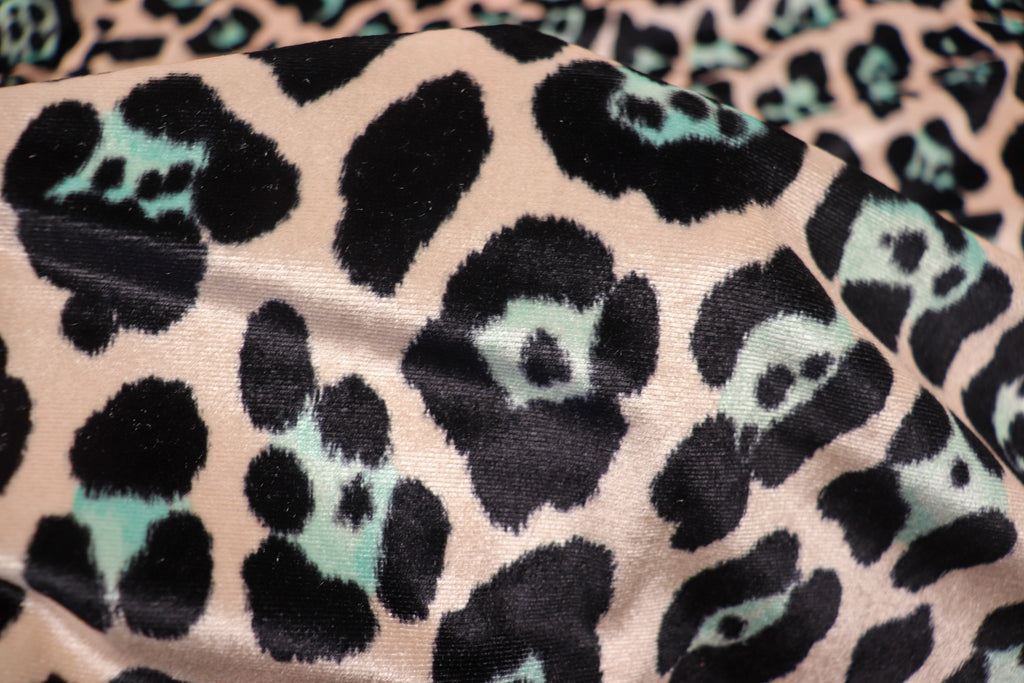 Jaguar Print Velvet Fabric Blush Pink Black Light Blue Animal Rosettes