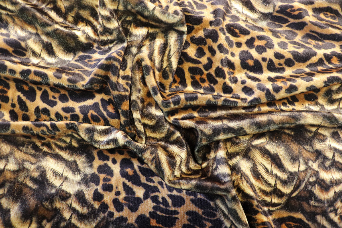 Golden Brown Leopard Velvet Fabric Abstract Fur Effect Print
