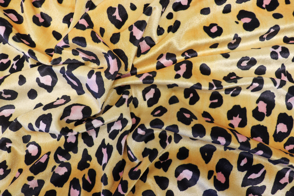 Golden Leopard Velvet Fabric Black Pink Animal Spots