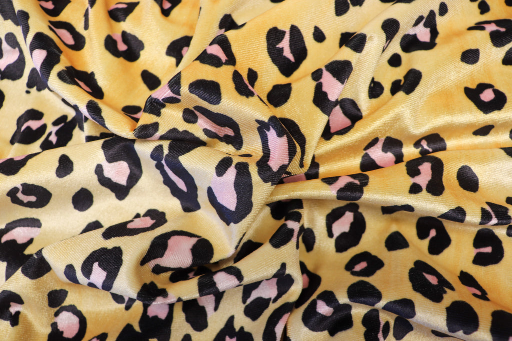 Golden Leopard Velvet Fabric Black Pink Animal Spots