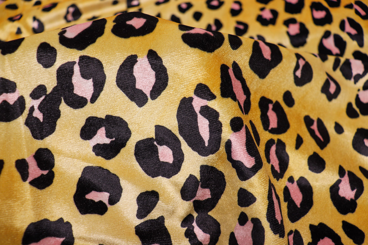 Golden Leopard Velvet Fabric Black Pink Animal Spots