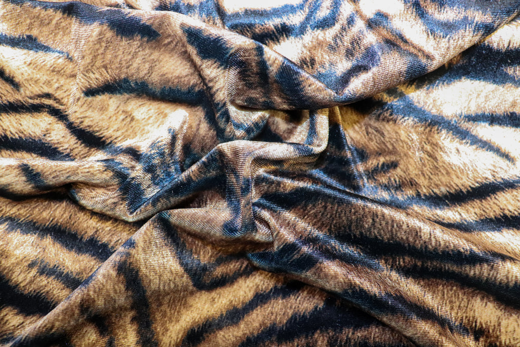 Tiger Stripe Velvet Fabric Brown Realistic Animal Print