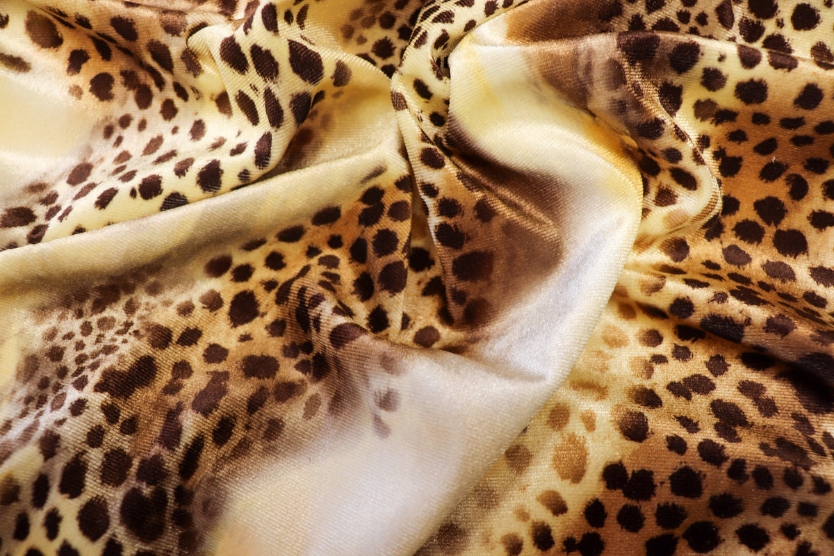Brown Beige Cheetah Velvet Fabric Tie Dye Waves Black Spots