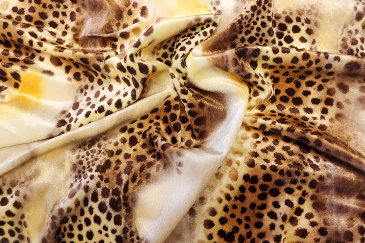 Brown Beige Cheetah Velvet Fabric Tie Dye Waves Black Spots