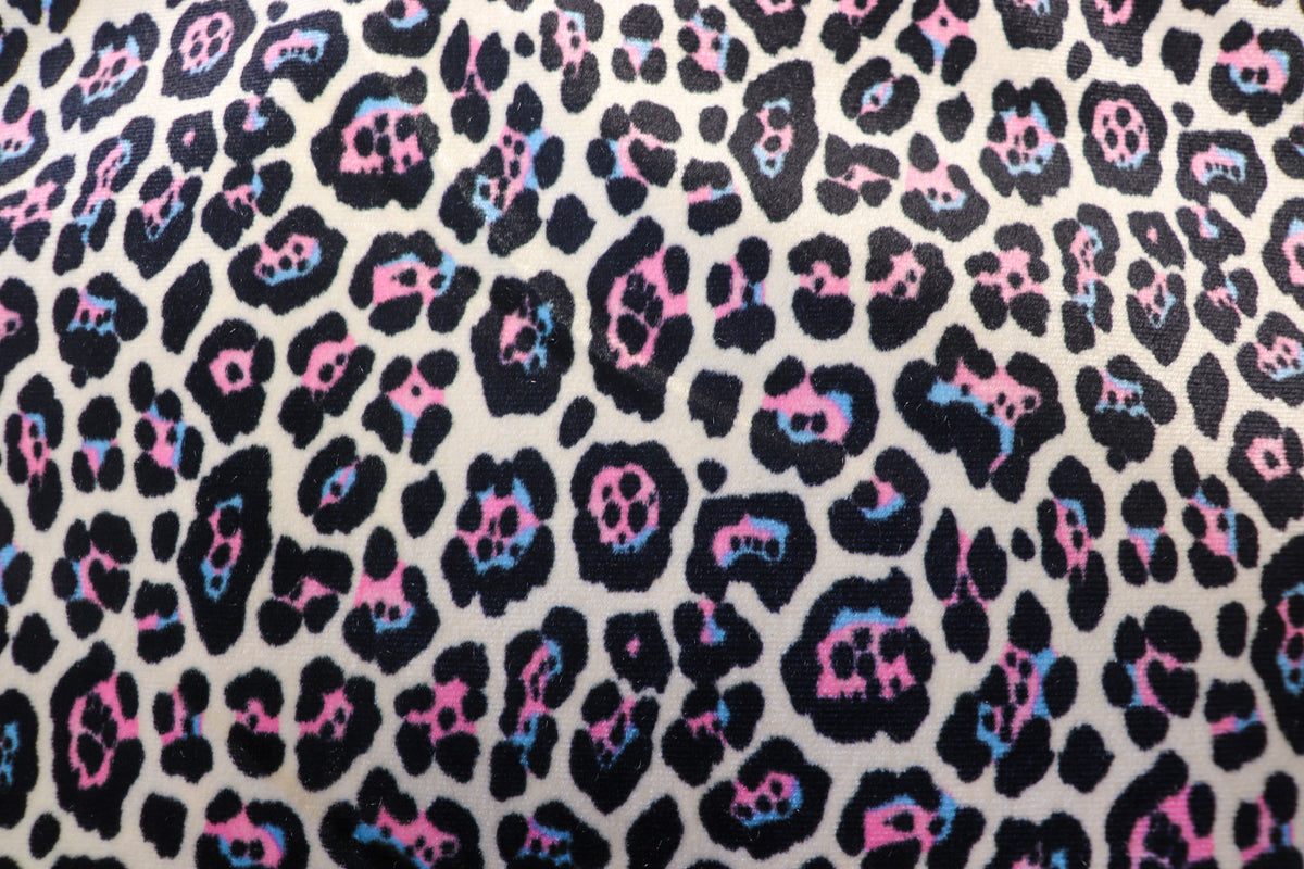 White Leopard Velvet Fabric Black Blue Pink Spots