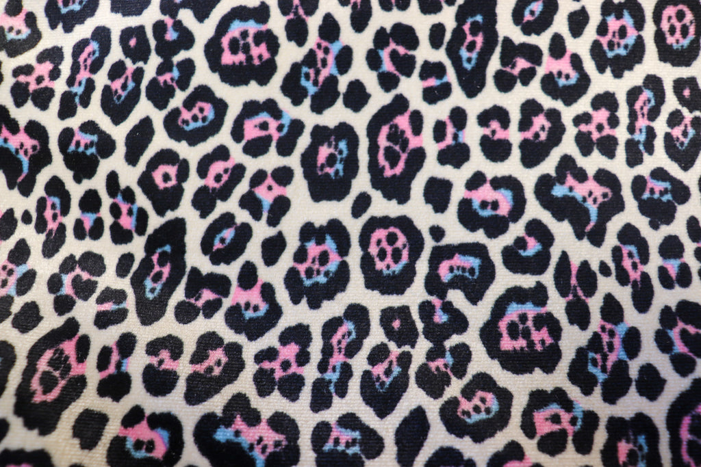 White Leopard Velvet Fabric Black Blue Pink Spots