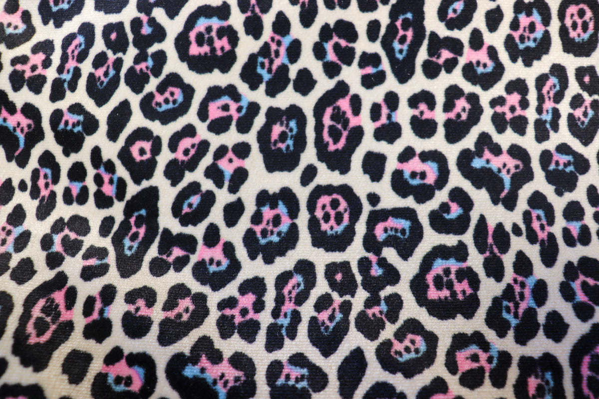 White Leopard Velvet Fabric Black Blue Pink Spots