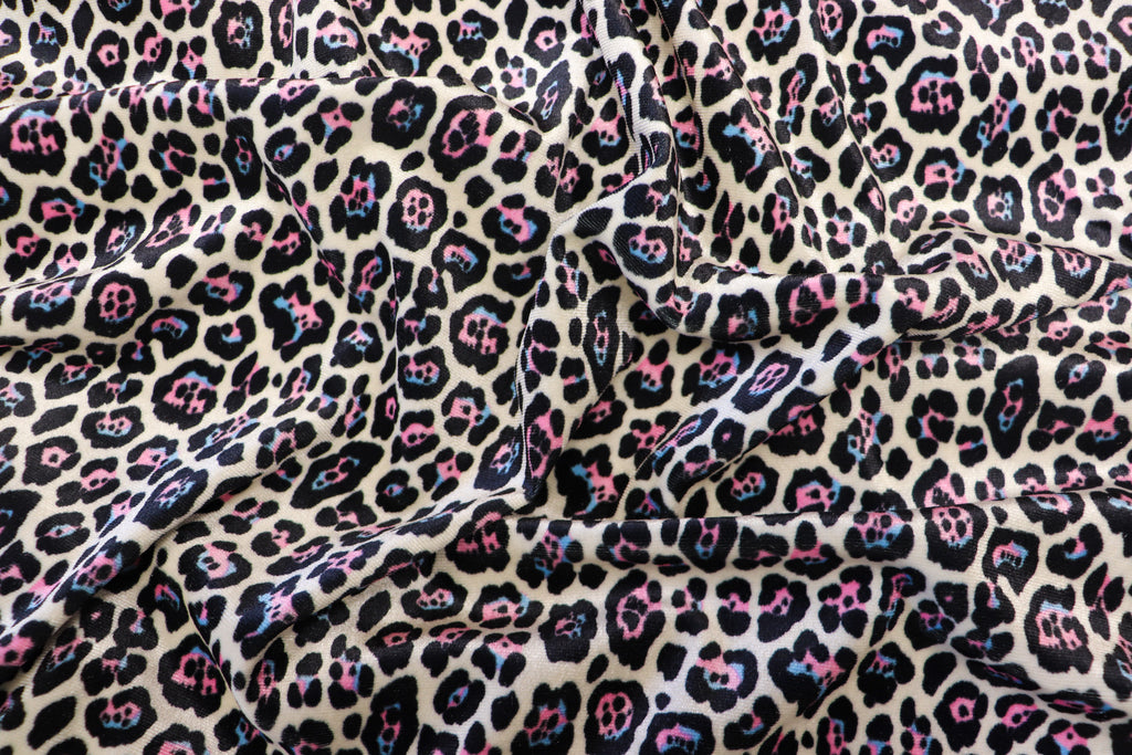 White Leopard Velvet Fabric Black Blue Pink Spots