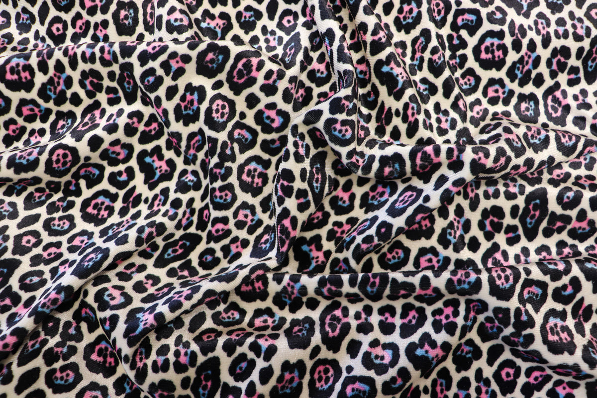 White Leopard Velvet Fabric Black Blue Pink Spots