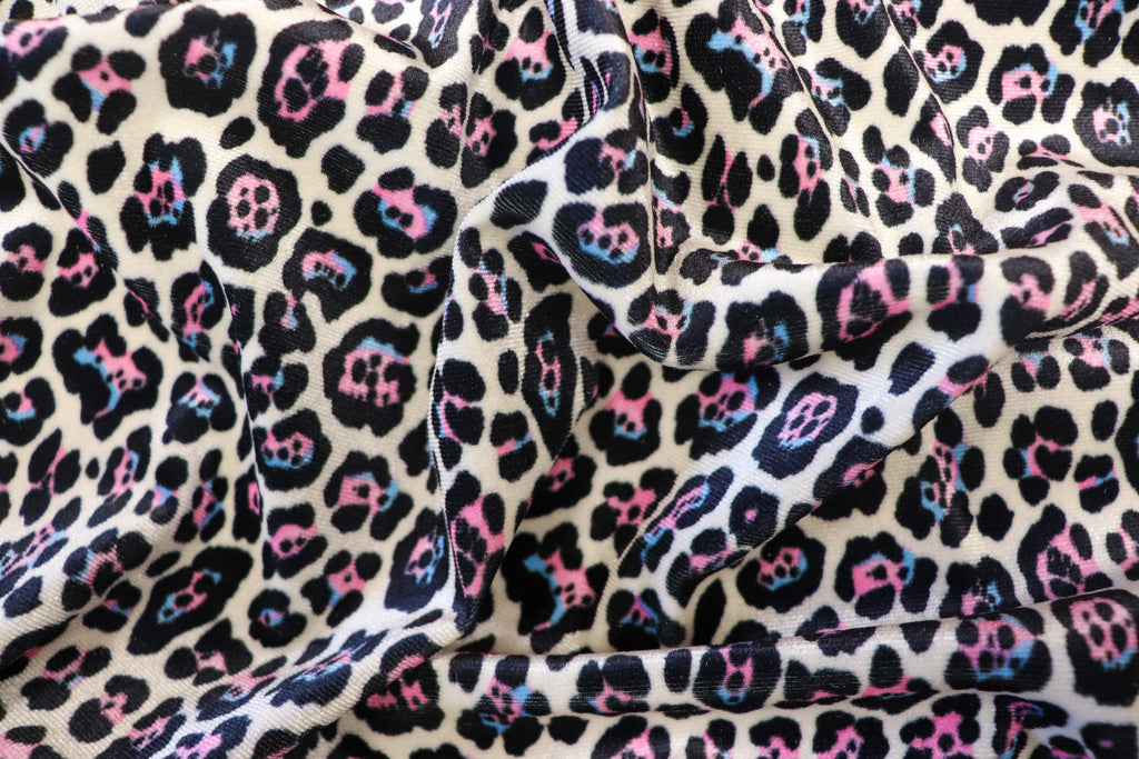 White Leopard Velvet Fabric Black Blue Pink Spots