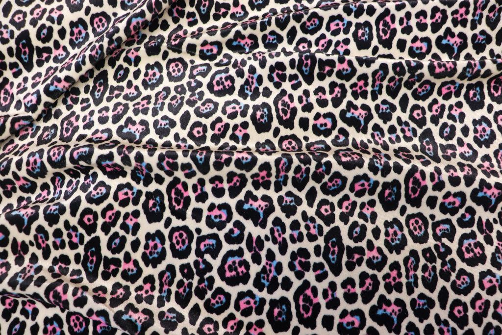 White Leopard Velvet Fabric Black Blue Pink Spots