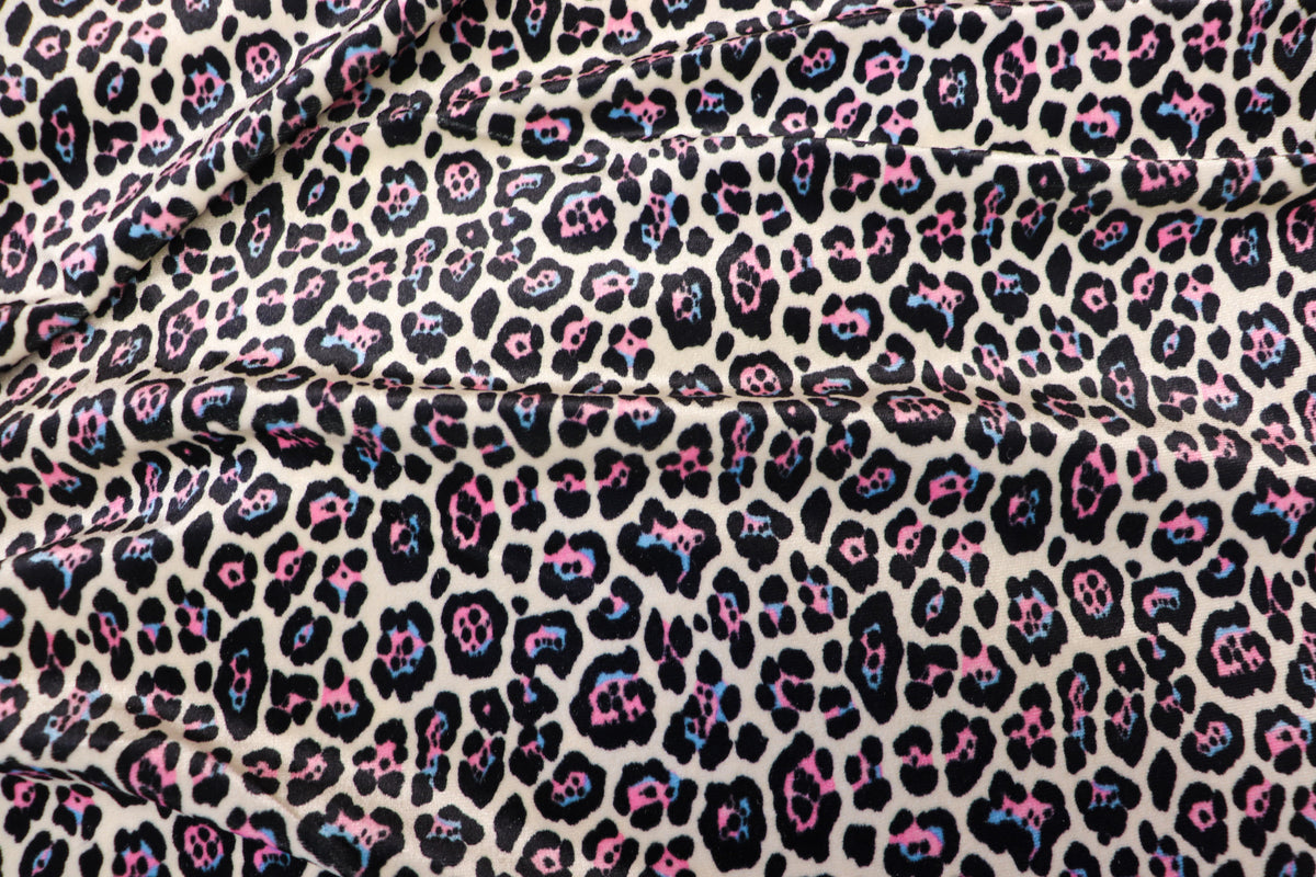 White Leopard Velvet Fabric Black Blue Pink Spots