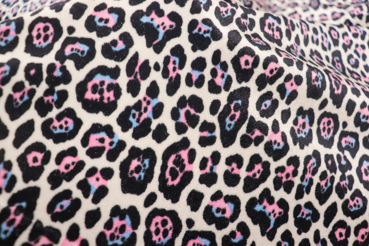 White Leopard Velvet Fabric Black Blue Pink Spots
