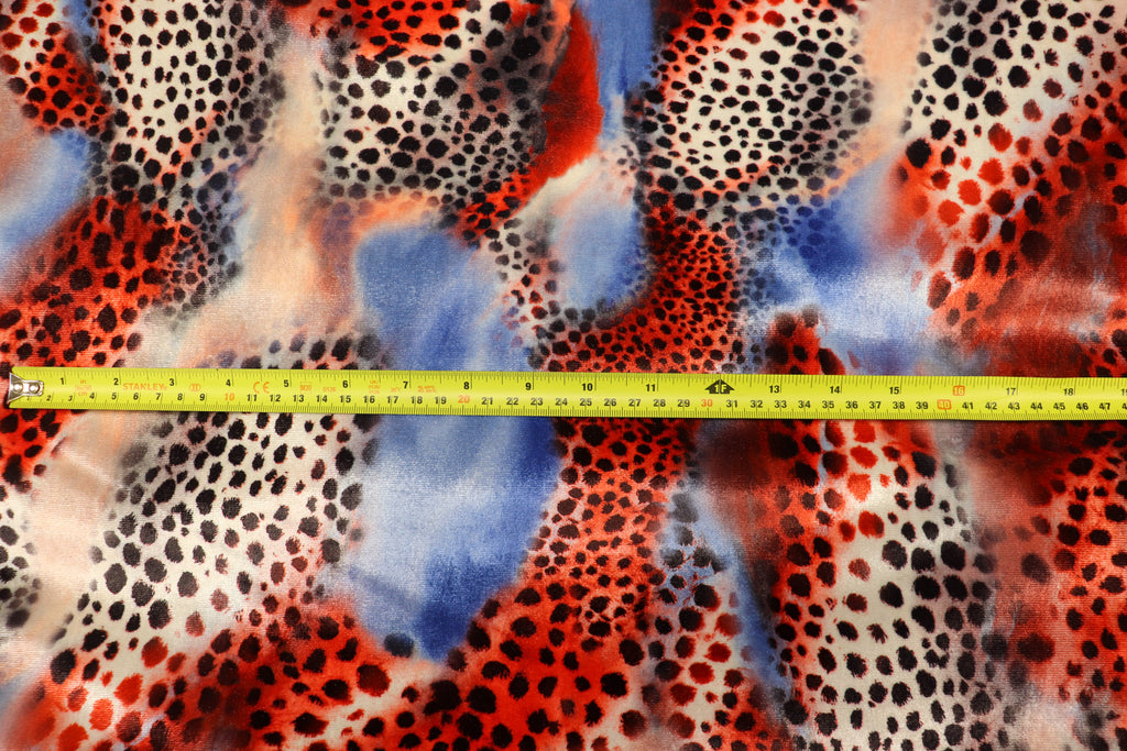 Red Blue Cheetah Velvet Fabric Tie Dye Waves Black Spots