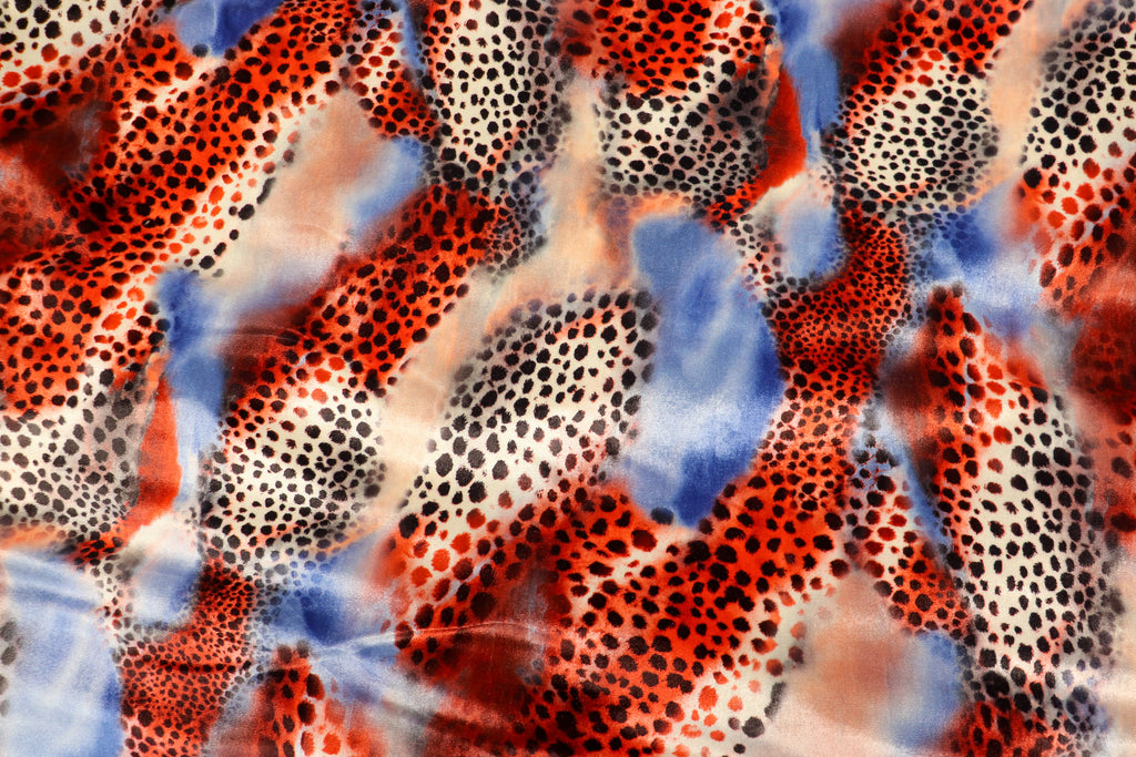 Red Blue Cheetah Velvet Fabric Tie Dye Waves Black Spots