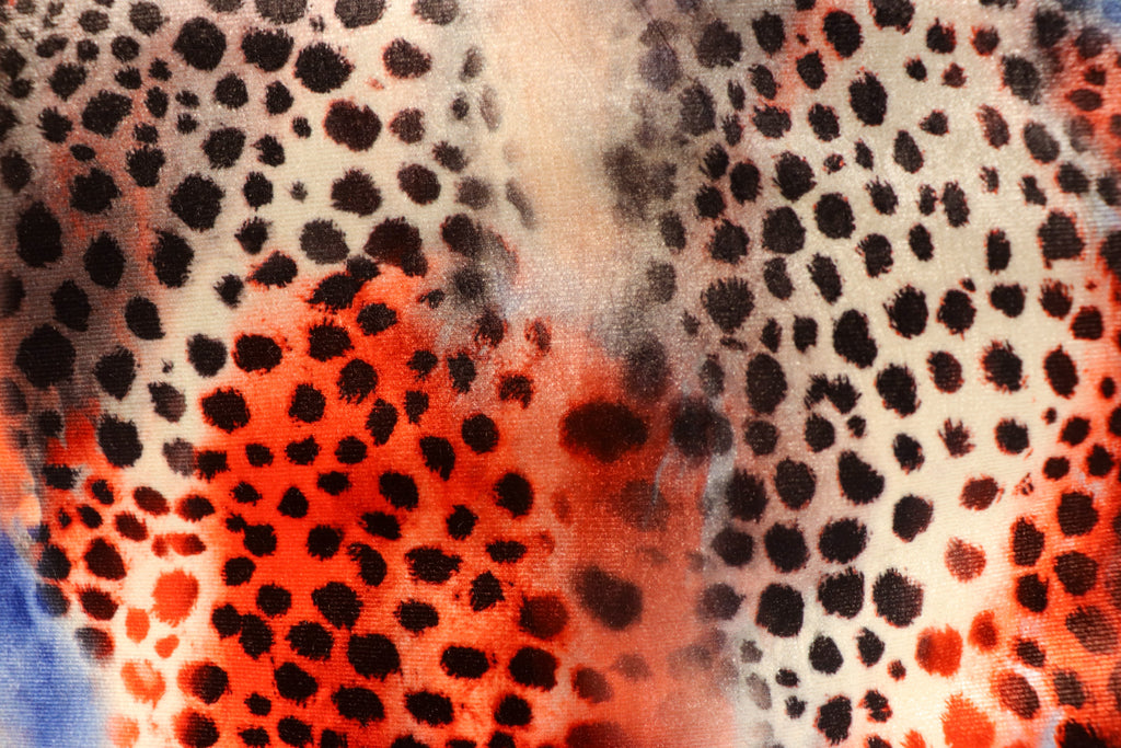 Red Blue Cheetah Velvet Fabric Tie Dye Waves Black Spots