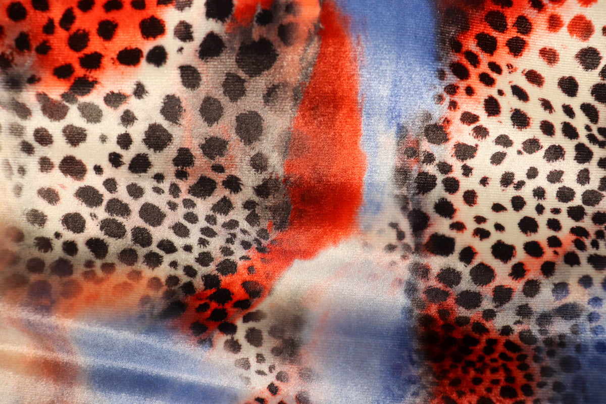 Red Blue Cheetah Velvet Fabric Tie Dye Waves Black Spots