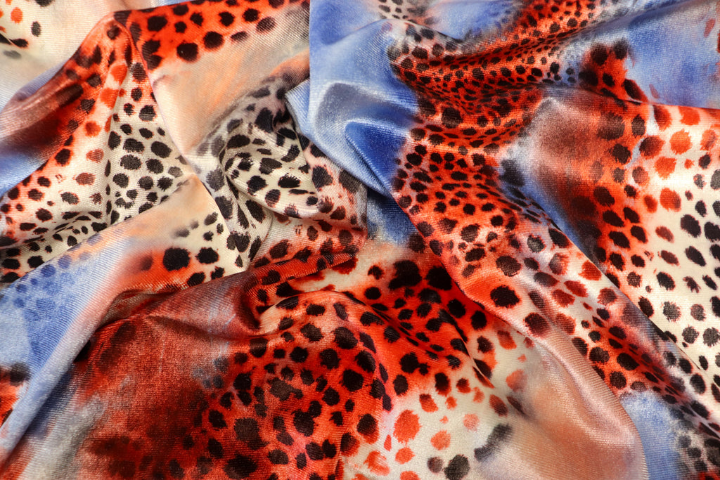 Red Blue Cheetah Velvet Fabric Tie Dye Waves Black Spots