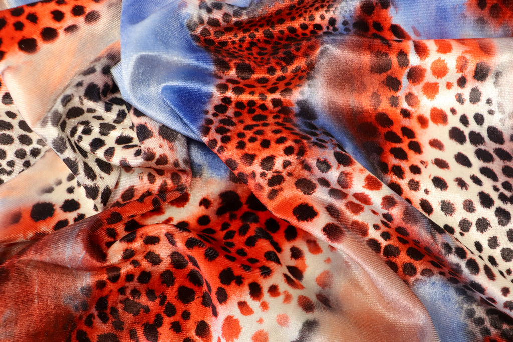 Red Blue Cheetah Velvet Fabric Tie Dye Waves Black Spots