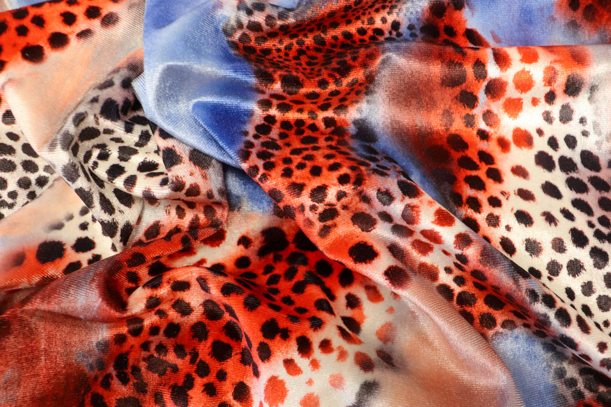 Red Blue Cheetah Velvet Fabric Tie Dye Waves Black Spots