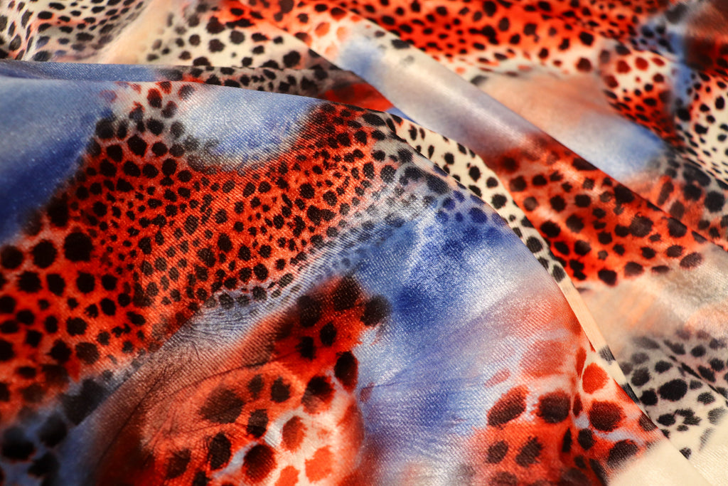 Red Blue Cheetah Velvet Fabric Tie Dye Waves Black Spots