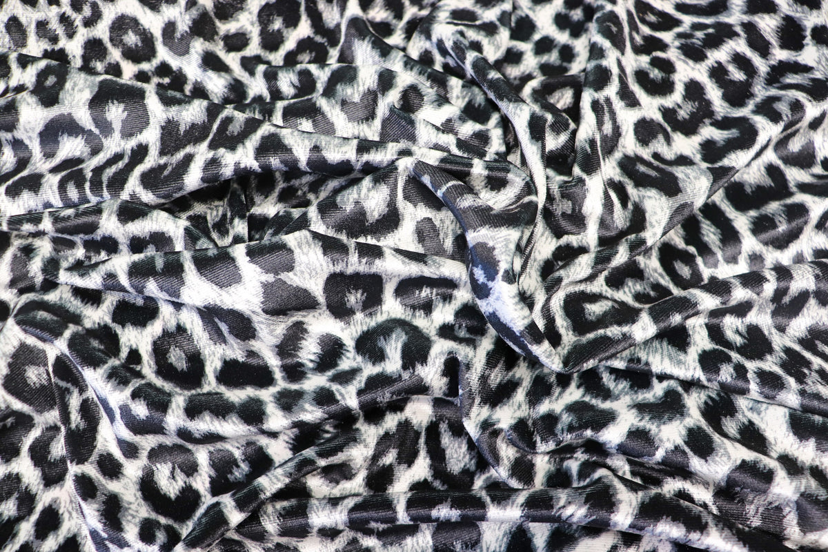 Silver Grey Leopard Velvet Fabric Animal Print