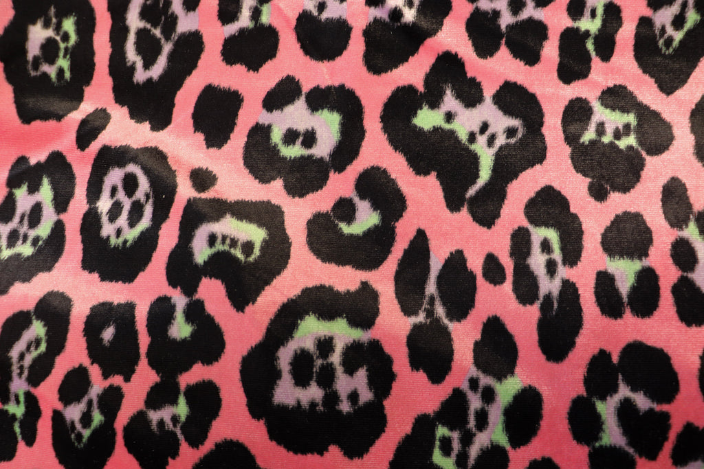 Jaguar Print Velvet Fabric Pink Black Lilac Green Animal Rosettes
