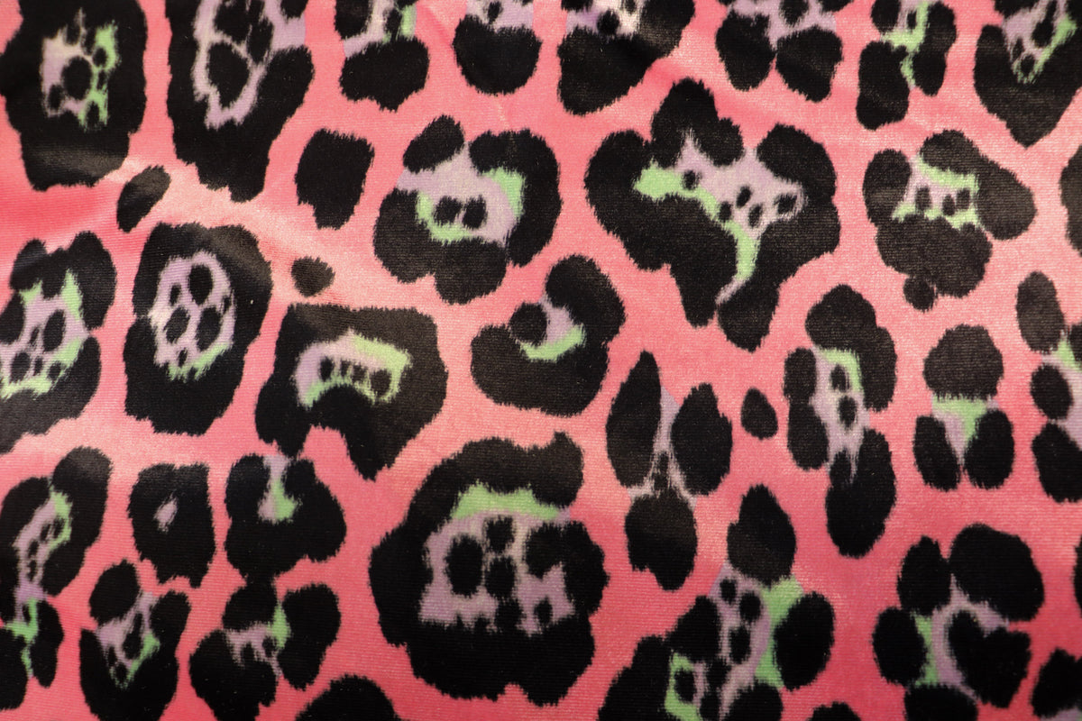 Jaguar Print Velvet Fabric Pink Black Lilac Green Animal Rosettes