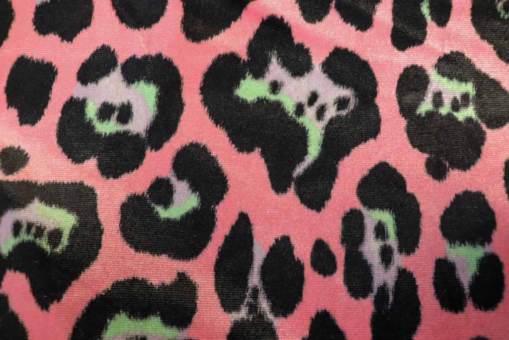 Jaguar Print Velvet Fabric Pink Black Lilac Green Animal Rosettes