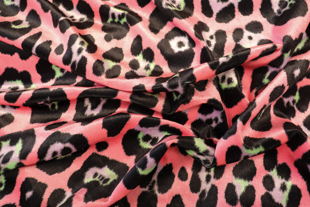 Jaguar Print Velvet Fabric Pink Black Lilac Green Animal Rosettes