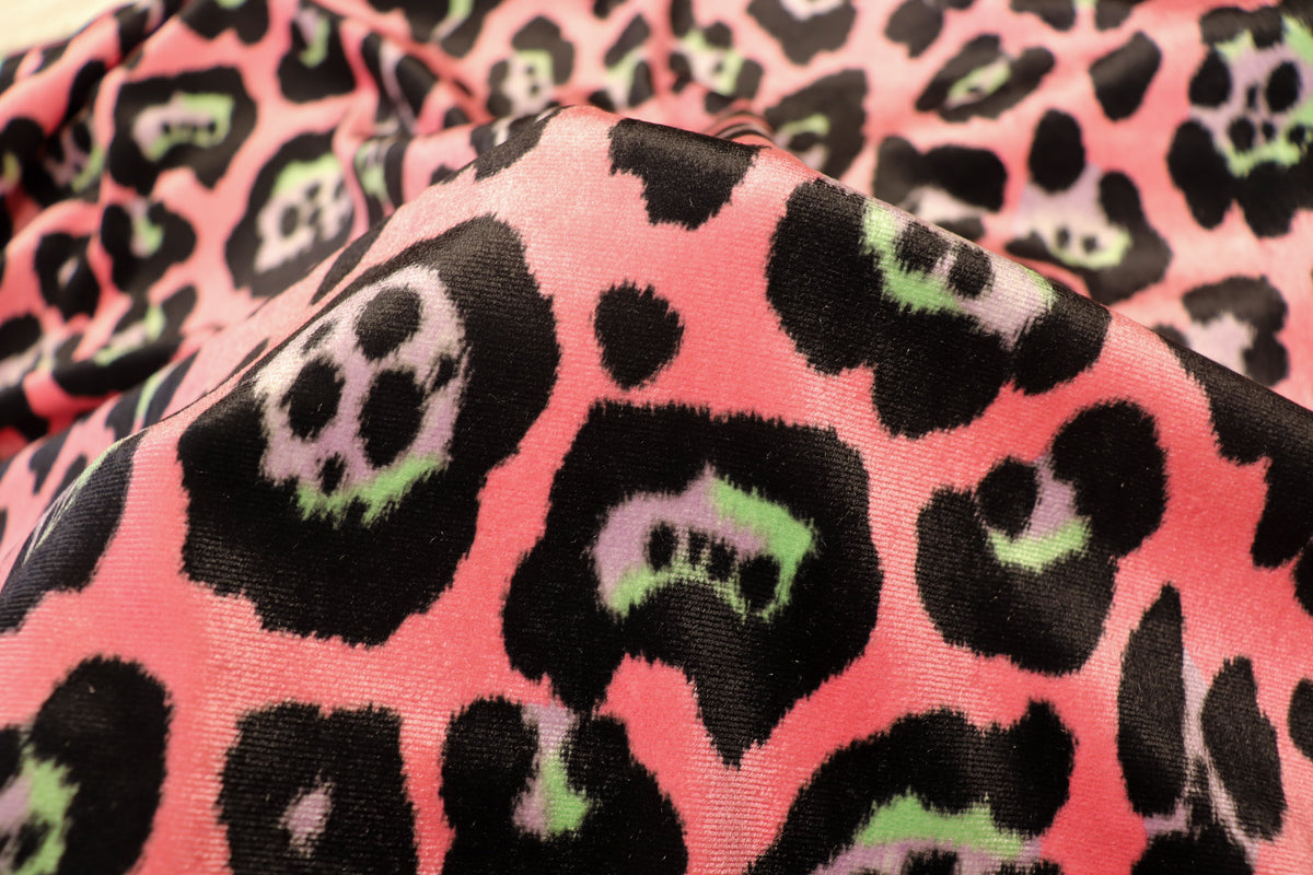 Jaguar Print Velvet Fabric Pink Black Lilac Green Animal Rosettes